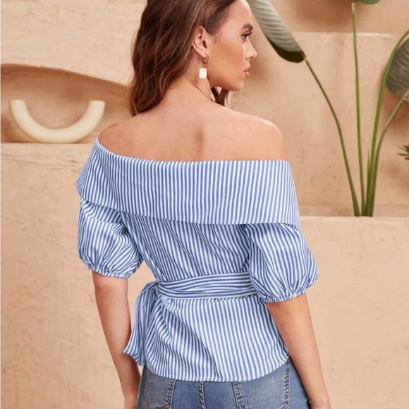 Striped Off The Shoulder Wrap Tie Side Blouse - Picture 2 of 2